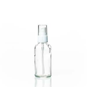 Glass Bottles: 50ml Clear glass bottle – with White fine mist spray