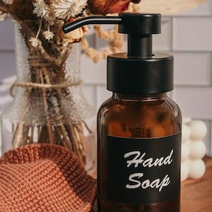 Glass Bottles: 250mL Amber Glass Foaming Hand Soap Bottle (with label)