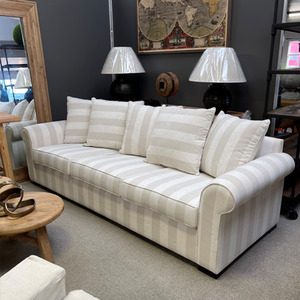 Custom New Zealand Made Sofas And Lounge Suites: Nottingham Rolled Arm Sofa - Striped Linen - NZ Made