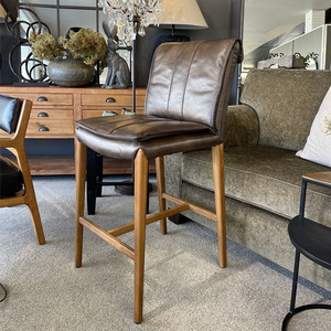 Premium Leather Collection: Maxson Barstool - Brown Leather - Wooden Legs