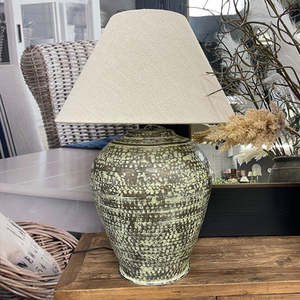 Verdigris Finish Urn Lamp + Linen Shade
