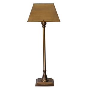 Lighting Lamps: Brass Antiqued Rectangular Base Table Lamp with Shade - Brass
