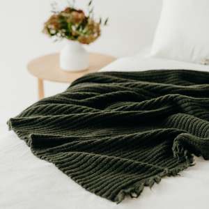 NZ made ribbed lambswool throw blanket moss green