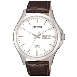 Mens Watches: Citizen Gents Steel Watch with Brown Leather Strap