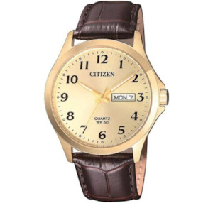 Citizen Quartz: Citizen Gents Gold Watch Brown Leather Strap