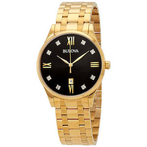 Bulova: Bulova Gents Gold Watch with Diamonds on Black Dial
