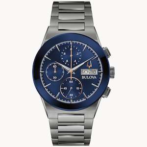 Bulova: Bulova Gents Gunmetal & Blue Chronograph Watch