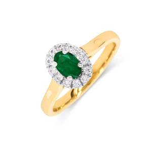 Coloured Gem Rings: 9ct Gold Diamond & Emerald Cluster Ring