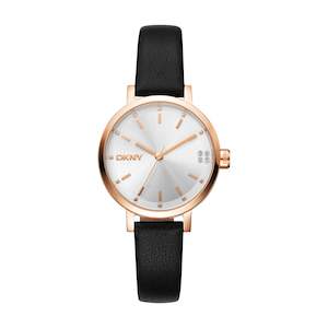 DKNY Midi Rose Gold Watch with Black Leather Strap