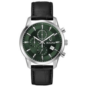 Mens Watches: Bulova Gents Green Dial & Black Leather Strap Watch