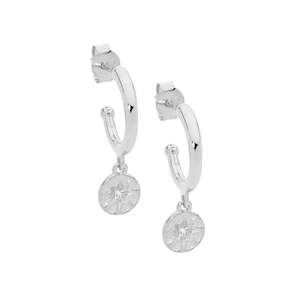Silver Earrings: Ellani Silver Hoop with Star Disk Drop Earrings