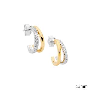 Silver Earrings: Ellani Two-tone CZ Double Hoop Earrings