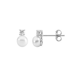 Ellani Silver Freshwater Pearl CZ Stud Earrings