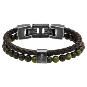 Rochet Brown Leather & Green Beads Bracelet