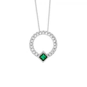 Ellani Silver Open Circle Pendant with Green CZ