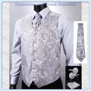 Art Deco: Pale Silver and Grey Paisley Waistcoat Set in Pewter - with Tie, Pocket Square and Cufflinks - L/ Chest 116cm