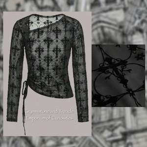 club: Asymmetric Mesh Top with Gothic Cross Velvet Flocking - Size 12
