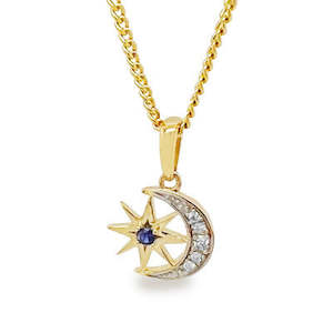 Gemstones Necklaces: 9ct yellow gold moon and star created sapphire pendant on gold plated chain