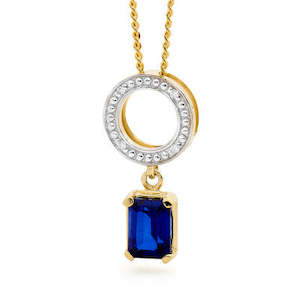 Gemstones Necklaces: 9ct yellow gold sapphire & diamond circle pendant on gold plated chain