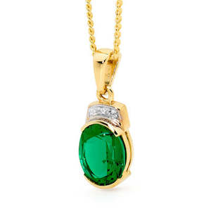 Gemstones Necklaces: 9ct yellow gold created emerald & diamond pendant