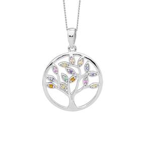 Tree of life pendant with multi colour cubic zirconias, 45cm chain.