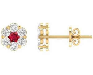 Diamond Earrings: 9ct Yellow Gold Ruby and Diamond Cluster Studs