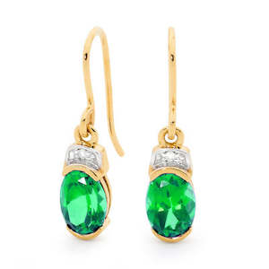Gemstone Earrings: 9ct yellow gold created emerald and diamond drops