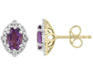 Gemstone Earrings: 9ct Yellow & White Gold Oval Amyethst& Diamond Studs.
