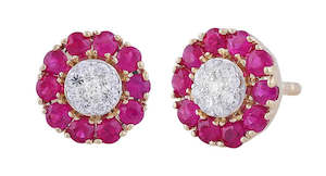 9ct Yellow Gold Ruby and Diamond Cluster Studs, Diamonds H/I Clarity I1