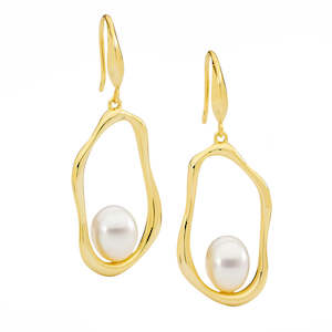 Silver Earrings: Yellow Gold Plated Open Oval Freshwater Pearl Hooks