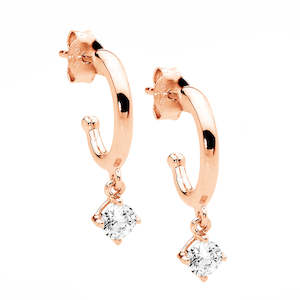 Silver Earrings: Sterling Silver Rose Gold Plated 13mm Open Hoop Stud with CZ Drop
