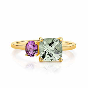 Green Amethyst & Amethyst Cushion & Oval Double Ring