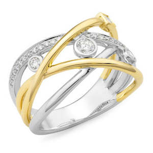 White Gold Rings: Wide 4 row 9ct Yellow & White Gold Diamond set band
