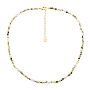 Fashion Jewellery: Tree agate beads with freshwater pearls, gold IP plated stainless steel necklace