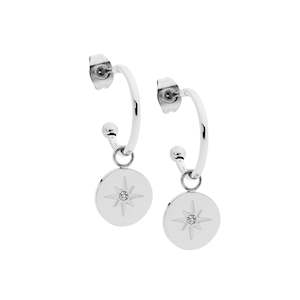 Fashion Jewellery: Stainless Steel 16mm hoop with cubic zirconia set star disc drop