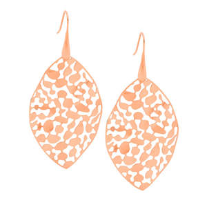 Fashion Earrings: Stainless Steel Rose Gold Plated 50mm Leaf Drops on Hooks Diamond Cut.