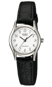 Womens Watches: Black leather white face full figure water resistant ladies casio watch