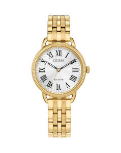 Citizen: Gold ladies Eco-Drive with roman numerals and silver dial.