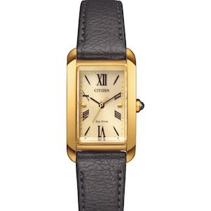 Ladies Citizen Eco-drive gold with roman numerals & brown leather strap