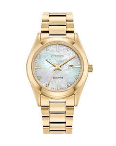 Citizen Eco Drive: Gold plated ladies Eco-Drive100m dia set with date and MOP face.