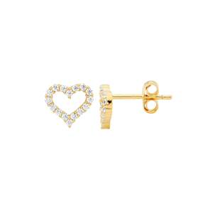 Plated Earrings: Open heart 8mm earrings with cubic zirconia set in sterling silver and gold plating.