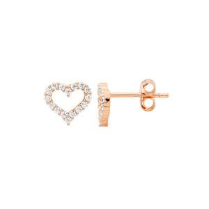 Open heart 8mm earrings with cubic zirconia set in sterling silver and rose gold plating.