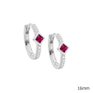 16mm hoop earrings set with Red princess and round cut cubic zirconias.
