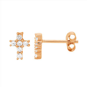 Sterling Sliver Rose Gold Plate CZ Set Cross Studs