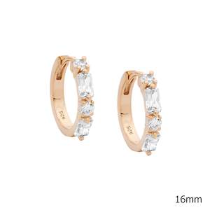 Plated Earrings: Rose Gold Huggies set with round and baguette CZ Huggies
