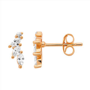 Sterling Silver Rose Gold Plated Marquise & Round CZ set Feather Design Stud