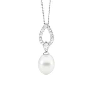 Sterling Silver CZ Open Drop Pendant with Freshwater Pearl and Chain