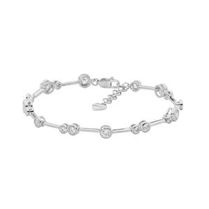 Sterling silver 17.5cm bracelet with extension chain, bezel set white cubic zirconias.