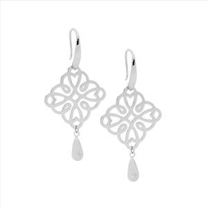 Fashion Earrings: Stainless Steel square shaped filigree with tear drop on bottom on shepherd hook.