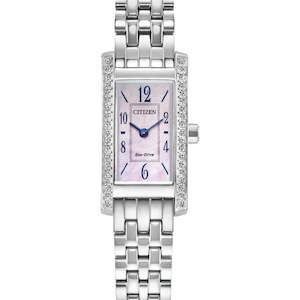 Stainless steel Ladies Eco-Drive crystal set Mother of Pearl Dial blue markers